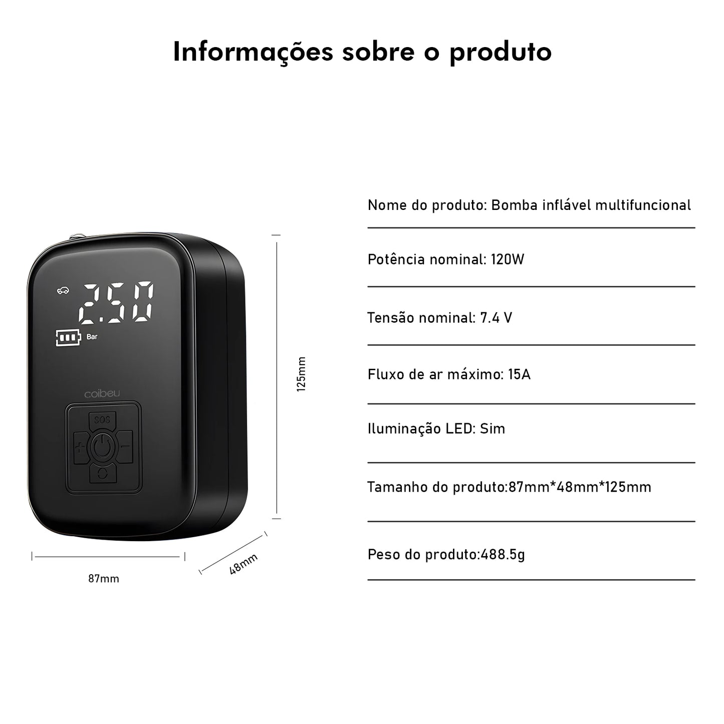 Mini Compressor de Ar Portátil com Display Digital e LED