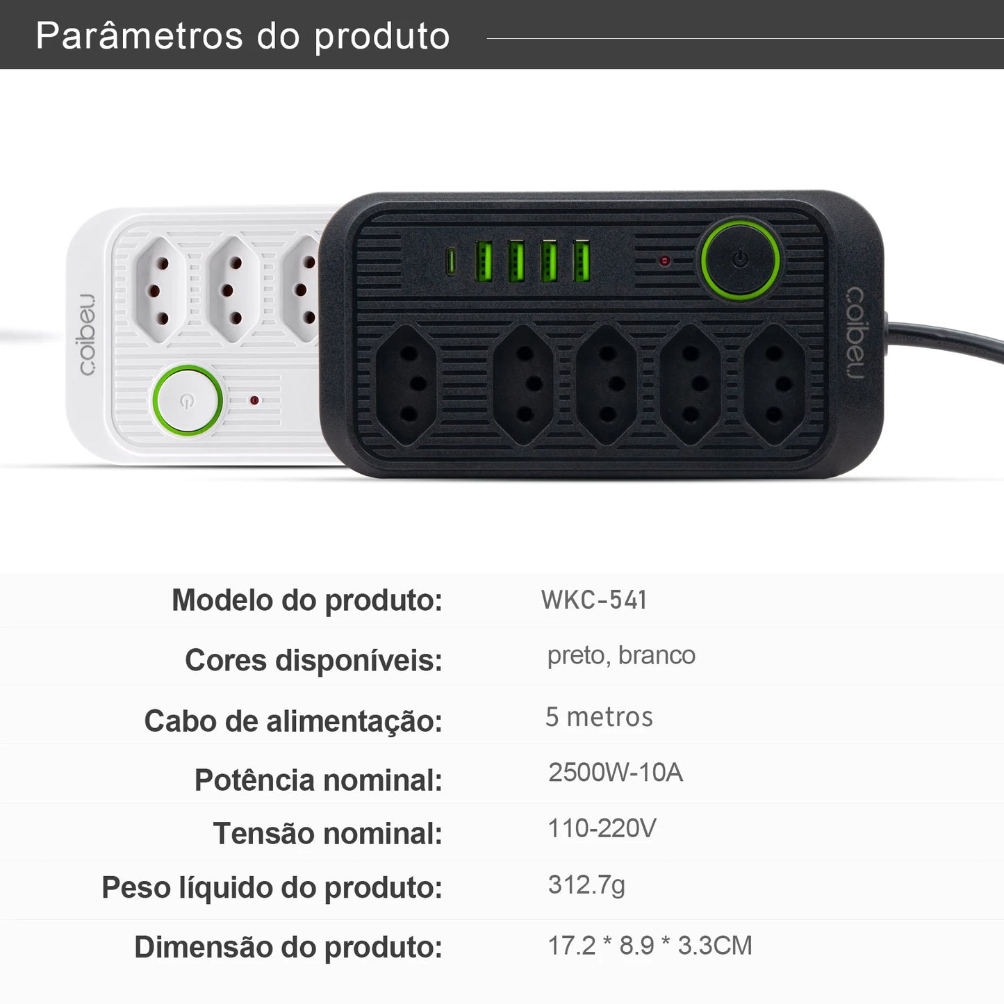Extensão Elétrica 5m com USB e Filtro de Linha