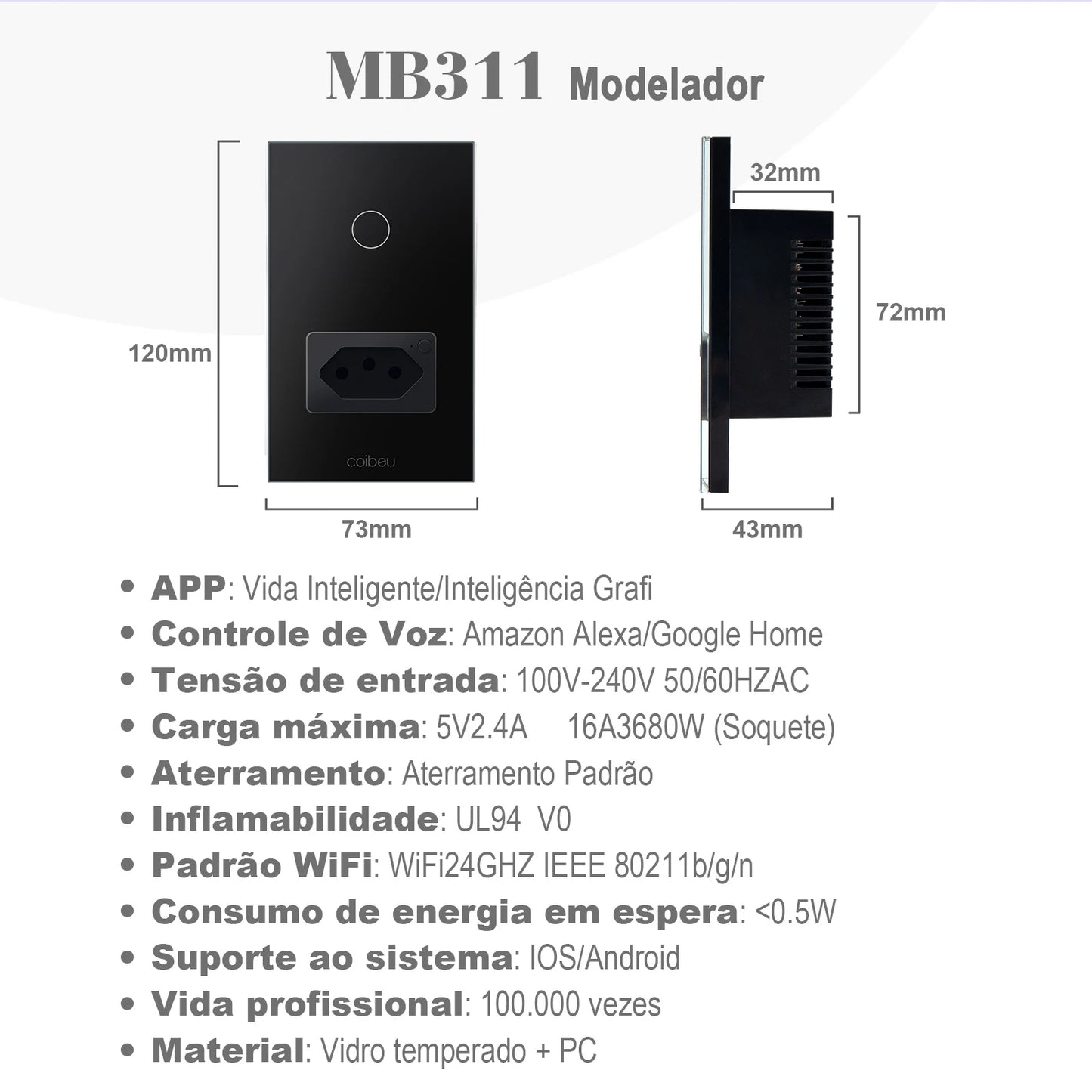 Interruptor Inteligente Wi-Fi Touch – Compatível com Alexa e Google Assistente