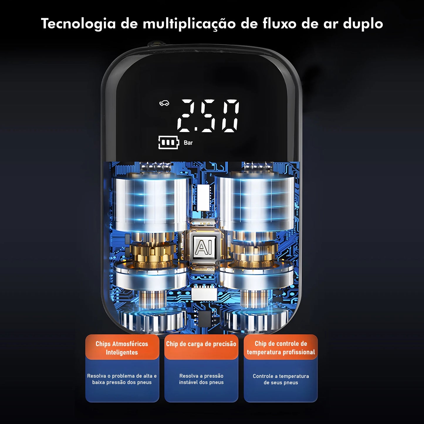 Mini Compressor de Ar Portátil com Display Digital e LED