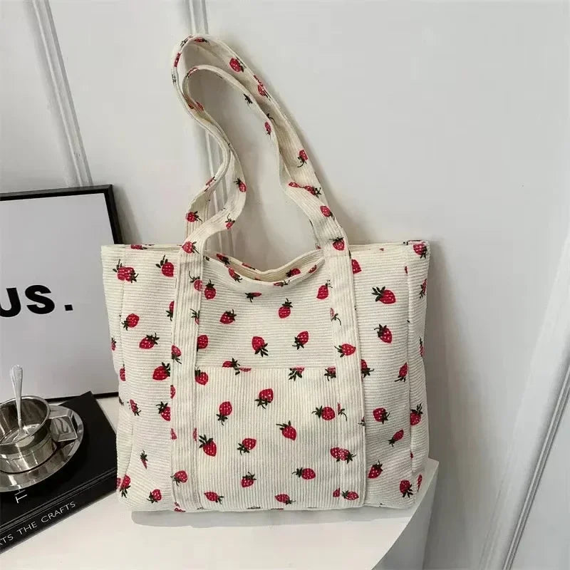 Bolsa Feminina Corduroy com Morangos